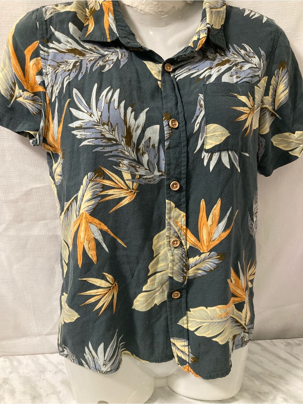 Federation Green Tropical Floral Hawaiian Button Up Shirt Size 14